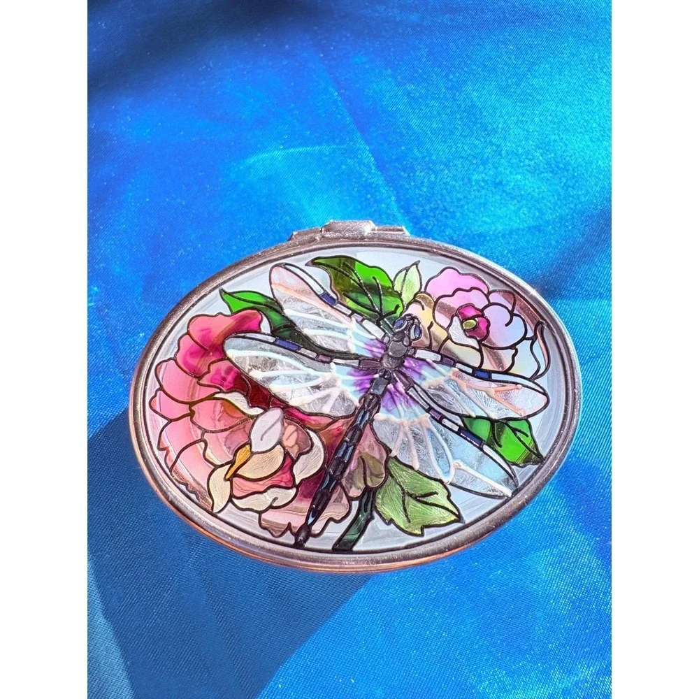 Amia Studios Hand Painted Dragonfly Glass Trinket Box Mirrored‎ Jewelry Case